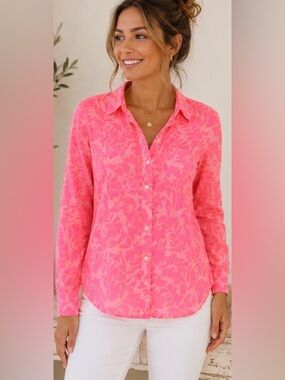 J.Crew Boy Shirt Size 00 Neon Pink Floral  Blouse Lightweight Long Sleeve NWT